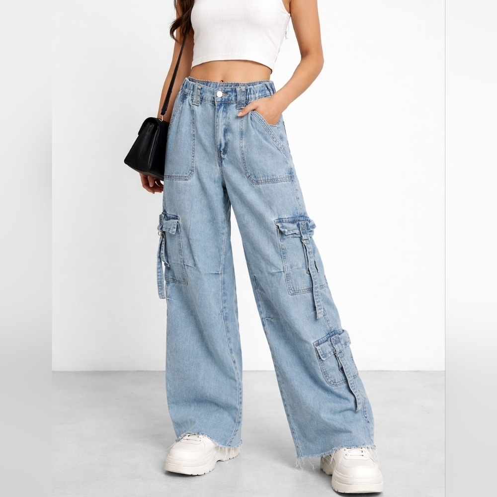 Women Wide Leg Denim Cargo Y2K Pants Raw Hem  Utility Jeans Sz 25 W14 L29
